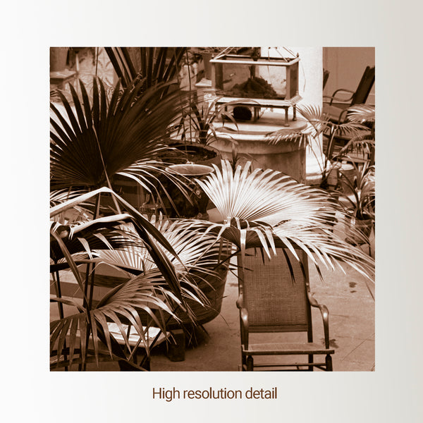 Close detail of the wrought-iron railings and arched colonnades in the Hotel Habana poster.
