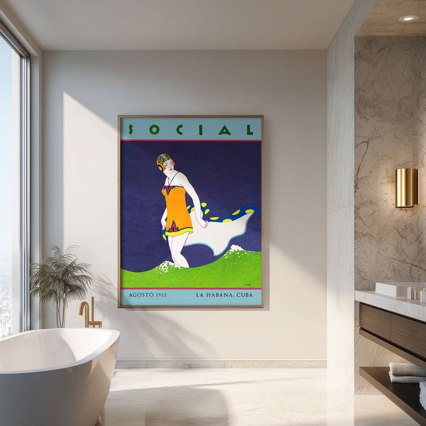 A framed Art Deco fine art print featuring an elegant and fashionable woman in an orange 1920s bathing suit and swim cap against a dark blue ocean background, text "La Habana CUBA' at the bottom, displayed on a luxury bathroom wall above a freestanding bathtub.