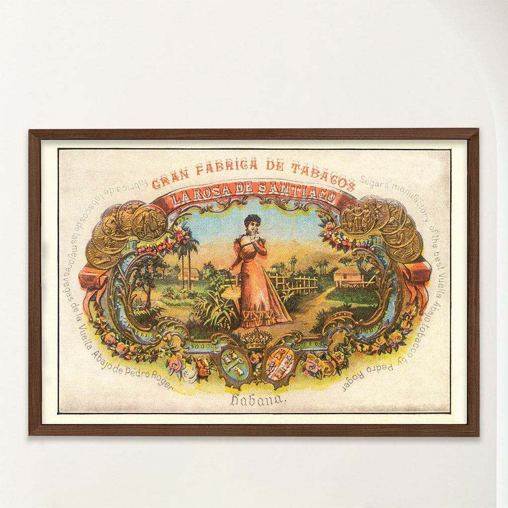 A framed vintage fine art print featuring a vintage illustrated cigar label with the text 'GRAN FABRICA DE TABACOS LA ROSA DE SANTIAGO' and 'Habana.' on a cream background, enclosed in a white mat and dark brown frame against a light wall.