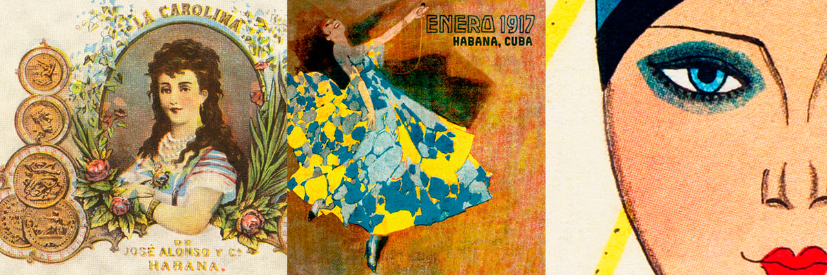 Atlantic and Havana collage of three sample  vintage Cuba  art crops: a left panel shows a decorative cigar art label; a center panel depicts a dancer in a blue and yellow patterned dress with the text '1920s HABANA, CUBA'; a right panel shows a high-resolution close-up of a woman's face with teal eye makeup and red lips.