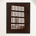 Sepia photograph of Trinidad's bell tower seen through a shuttered window in 1948, framed in oak. Close view.