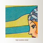 Close detail of the diver's striped bathing cap and hand-drawn linework in the Lady Diver close-up print.