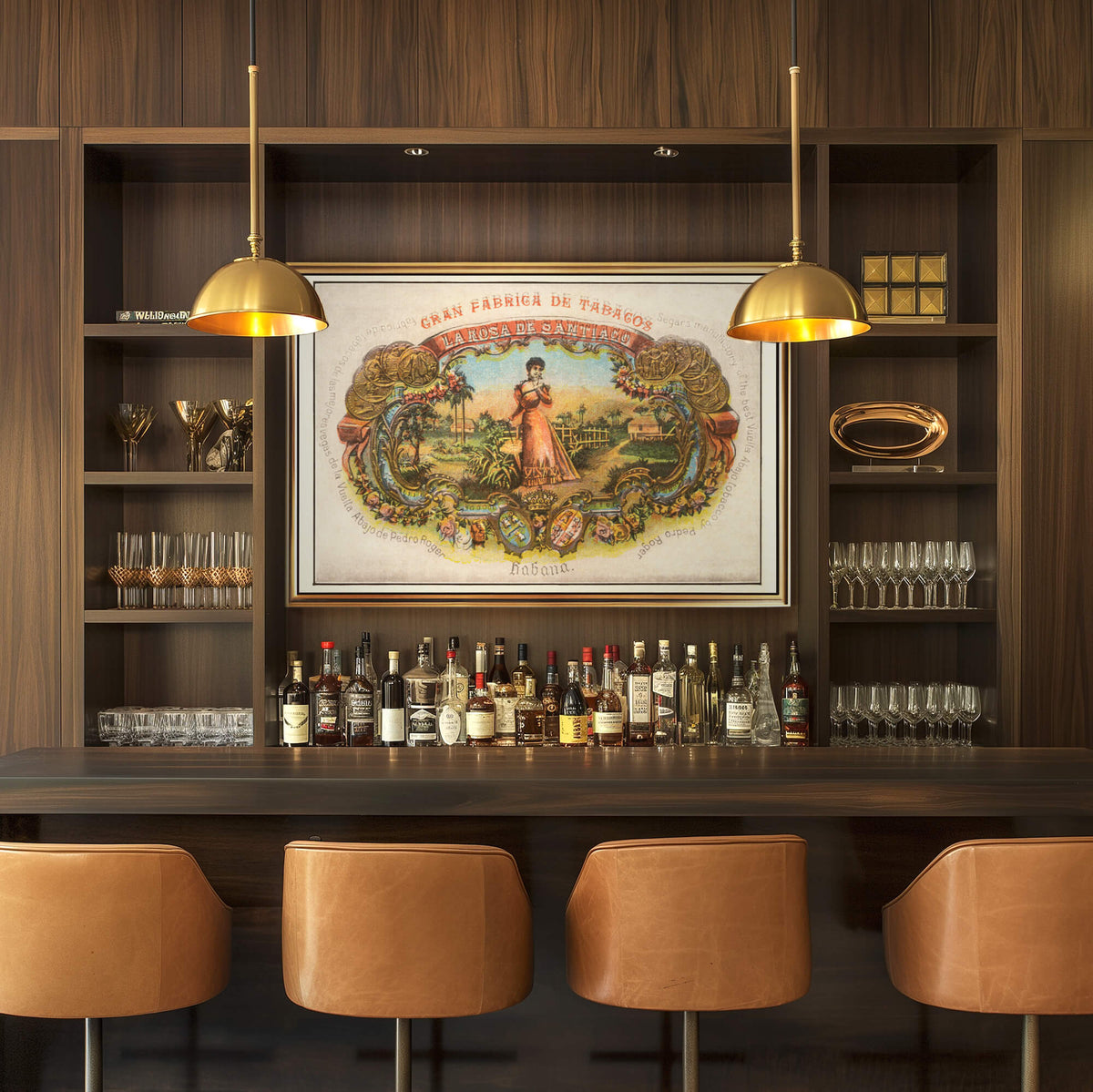 A framed artwork of a vintage Cuban cigar label art hangs on a dark wood bar wall in an elegant restaurant or hotel. Art work features a 1890s colorful design and gold coin awards.