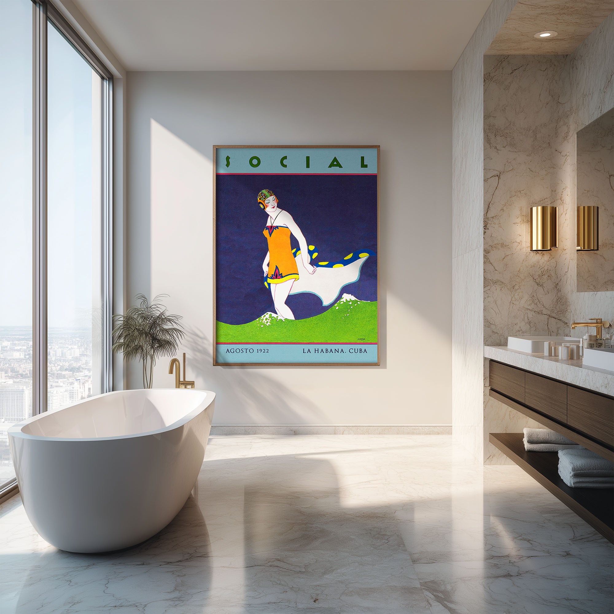 Modern luxury bathroom with a large Vintage Cuba 1920s poster on the wall, a freestanding bathtub, and a view of the city.