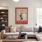 Modern living room with a white sofa, coffee table, and 1920s vintage art deco fine art print of elegant equestrian couple at polo match with white horse in Havana, Cuba.