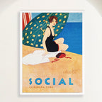 Art Deco print of a 1920s bathing beauty under a beach umbrella in Havana, framed in soft white oak. Close view.