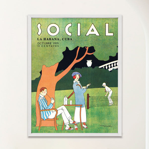 A framed vintage-style art deco print featuring an illustrated scene of lawn tennis in park-like setting. See a fashionable woman and man playing, and an elegant man enjoying a drink under a tree. 
