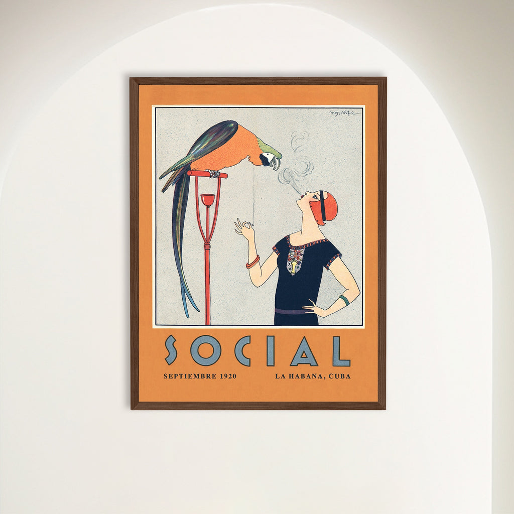 A framed art print featuring a 1920s Art Deco illustration with a parrot and a woman displayed on a white wall in an arched alcove. Gallery view.
