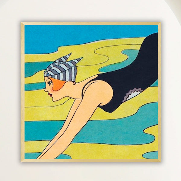 Square Art Deco close-up of a 1920s woman diving over turquoise water, framed in soft white oak. Close view.