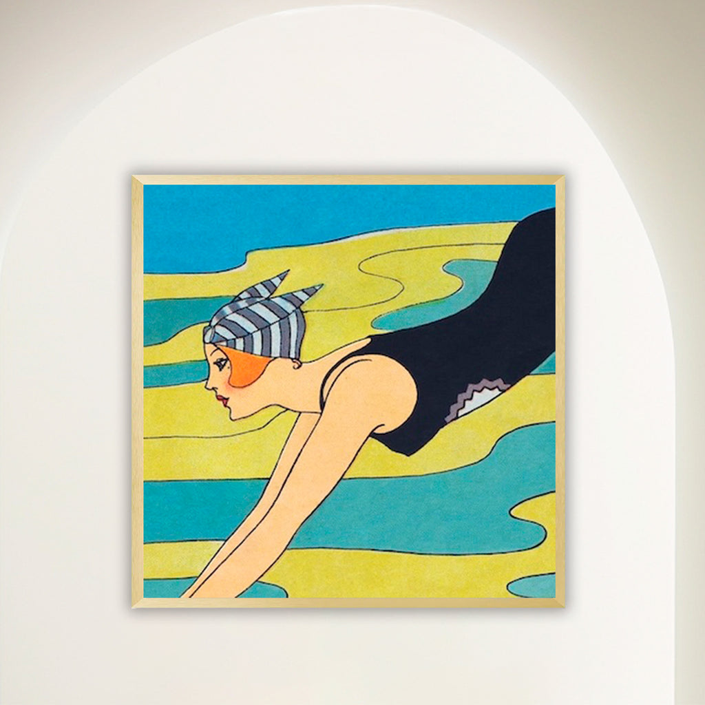 Square Art Deco close-up of a 1920s woman diving over turquoise water, framed in soft white oak, shown straight on.