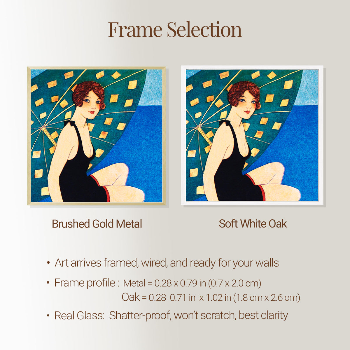 Frame options for the Bathing Beauty close-up print, soft white solid oak and brushed gold metal, with real glass.