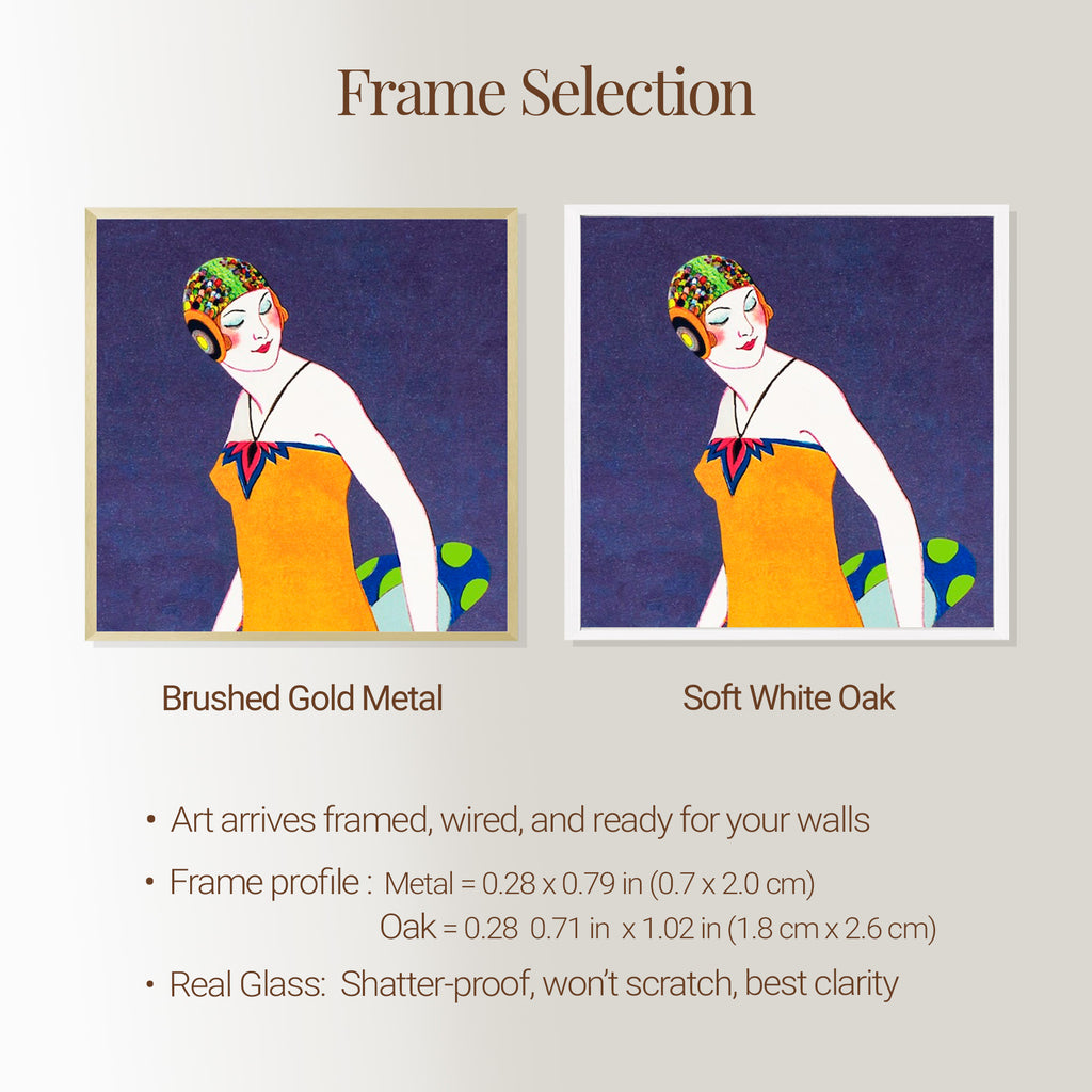 Frame options for the Seaside Elegance close-up print, soft white solid oak and brushed gold metal, with real glass.