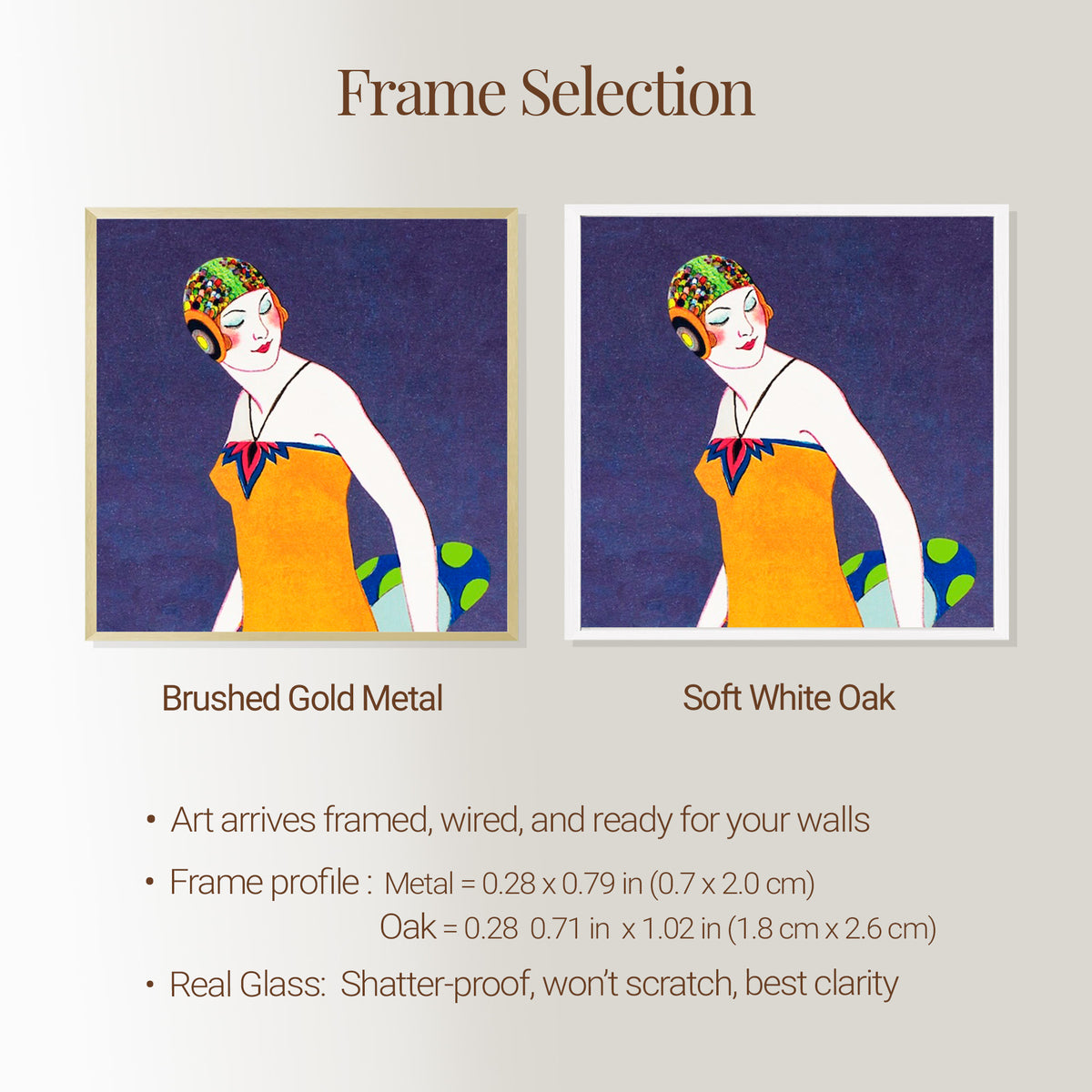 Frame options for the Seaside Elegance close-up print, soft white solid oak and brushed gold metal, with real glass.