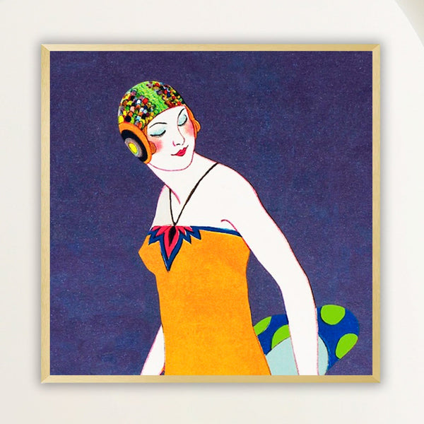 Square Art Deco close-up of a 1920s woman in the surf in vivid greens and blues, framed in soft white oak. Close view.