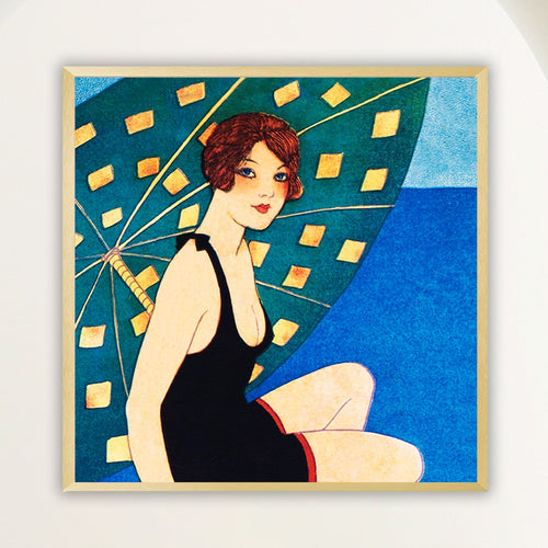 Square Art Deco close-up of a 1920s bathing beauty under a beach umbrella, framed in soft white oak. Close view.