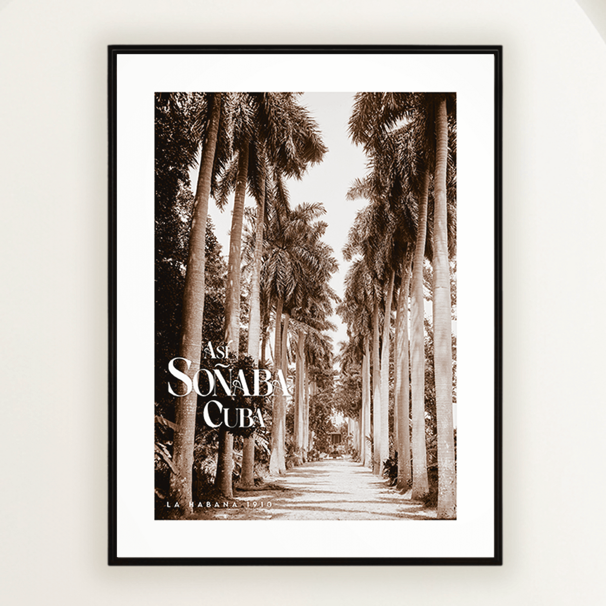 Vintage travel poster of a 1910 Havana garden avenue lined with royal palms, in sepia. Close view.