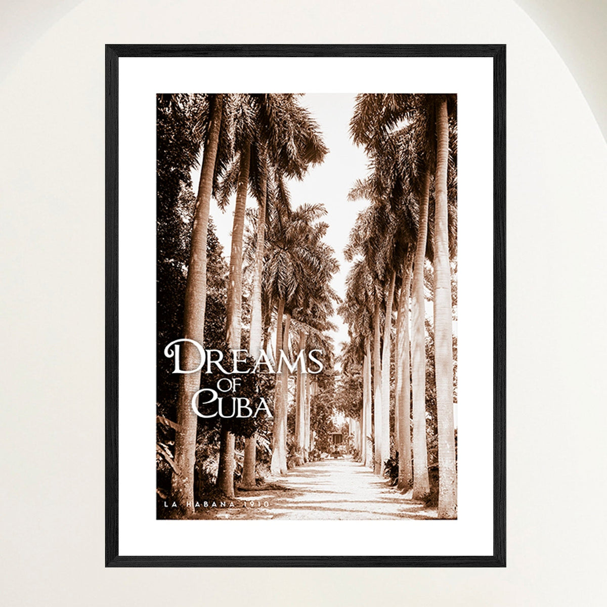 Vintage travel poster of a sepia palm avenue leading to a Cuban country estate around 1900, framed in oak. Close view.