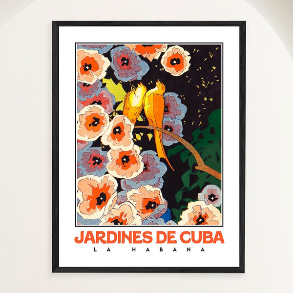 Art Deco travel poster of orange birds among tropical flowers in a Cuban garden, framed in oak with real glass. Close view.