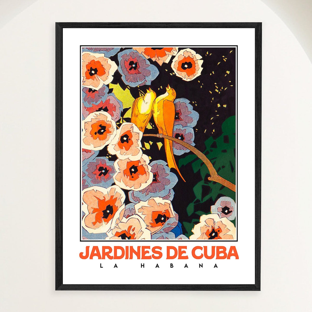Art Deco travel poster of orange birds among tropical flowers in a Cuban garden, framed in oak with real glass. Close view.