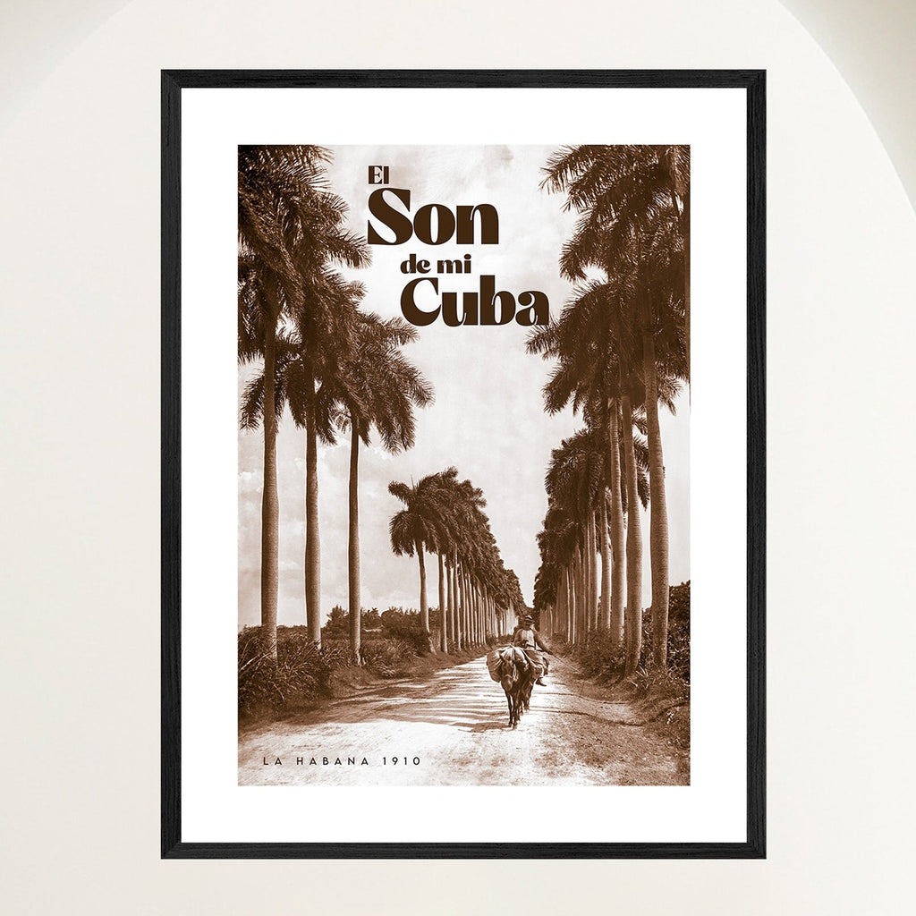 Vintage travel poster of a palm-lined Cuban country road with a lone rider on horseback, framed in oak. Close view.