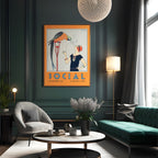A framed vintage-style Art Deco Cuba illustration hangs on elegant  interior with green walls and velvet sofa. Art shows a 1920s flapper woman, with black dress and red hair, smoking a cigarette while a colorful parrot watches the rising smoke. From Atlantic & Havana - atlanticandhavana.com
