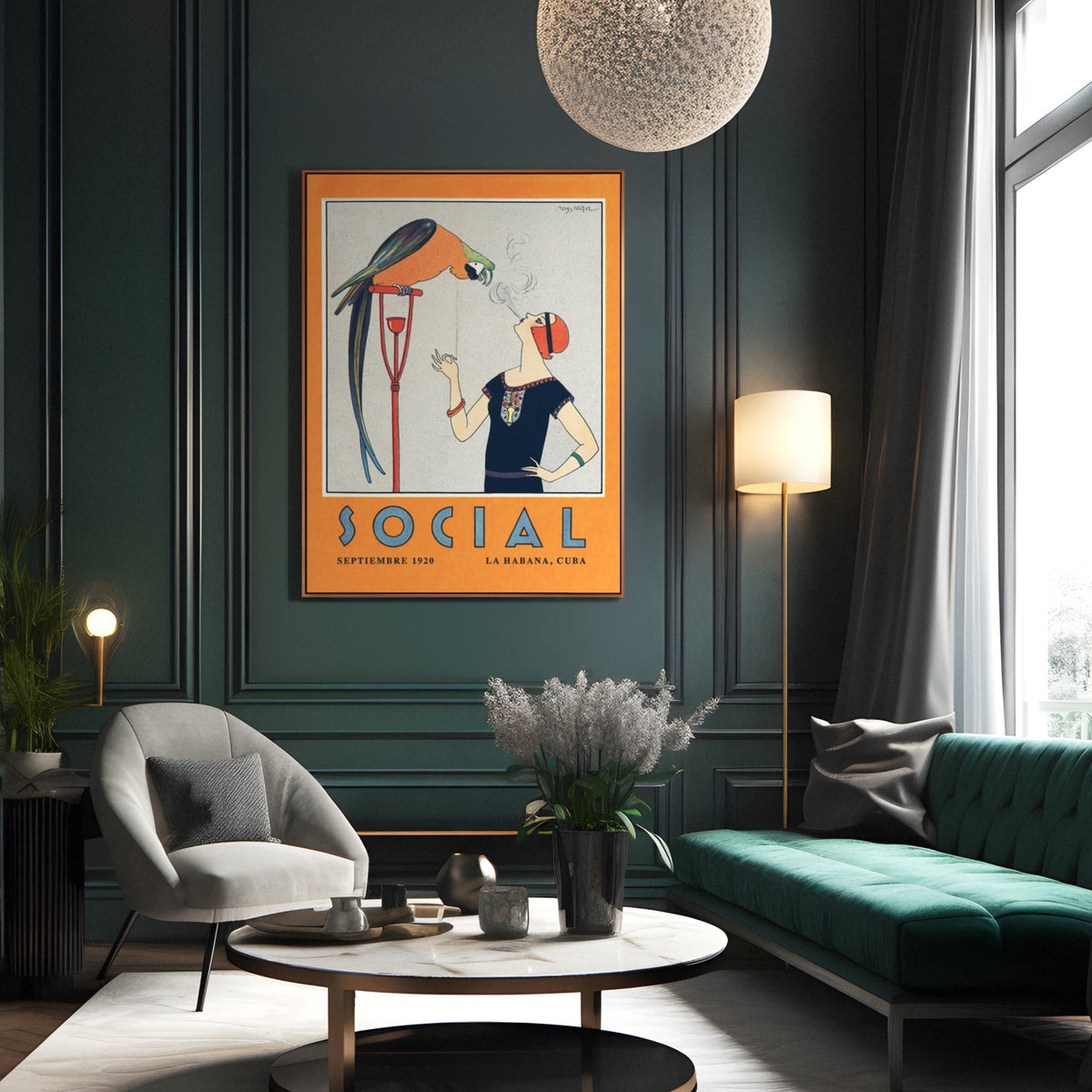 A framed vintage-style Art Deco Cuba illustration hangs on elegant  interior with green walls and velvet sofa. Art shows a 1920s flapper woman, with black dress and red hair, smoking a cigarette while a colorful parrot watches the rising smoke. From Atlantic & Havana - atlanticandhavana.com
