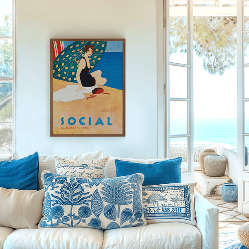Framed Bathing Beauty with Umbrella Art Deco print styled in a bright coastal living room.